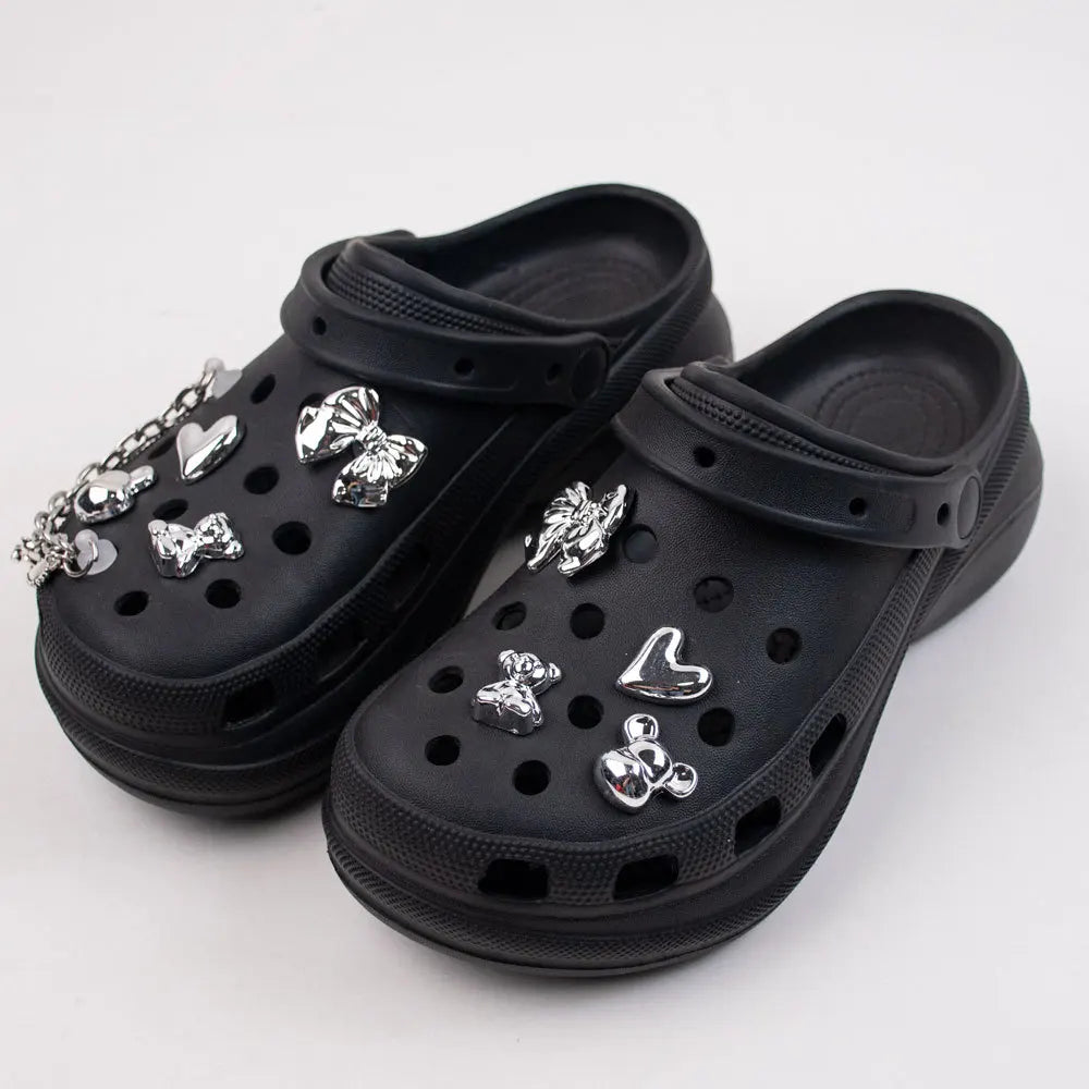 Colorful acrylic shoe charms featuring butterfly, cartoon bear, and decorative buckles for kids' hole shoes, perfect for DIY accessories.