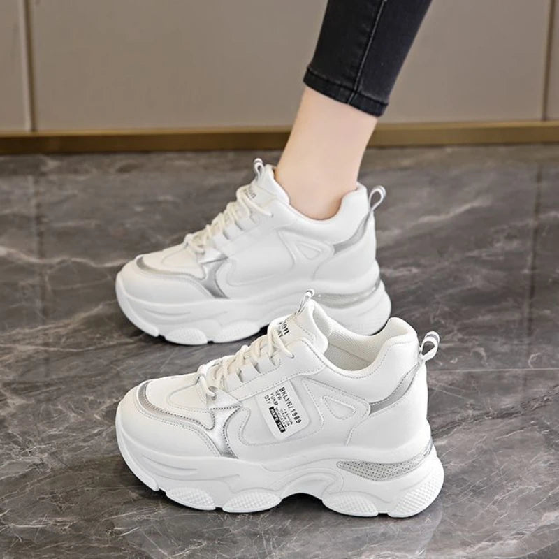 Women's lightweight white sports shoes with thick soles and height increasing design, perfect for spring and autumn casual wear.