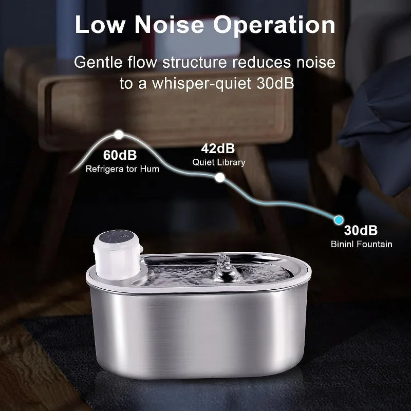 VOFORD 3.0L stainless steel wireless cat water fountain with motion sensor, showing the sleek design and water flow.