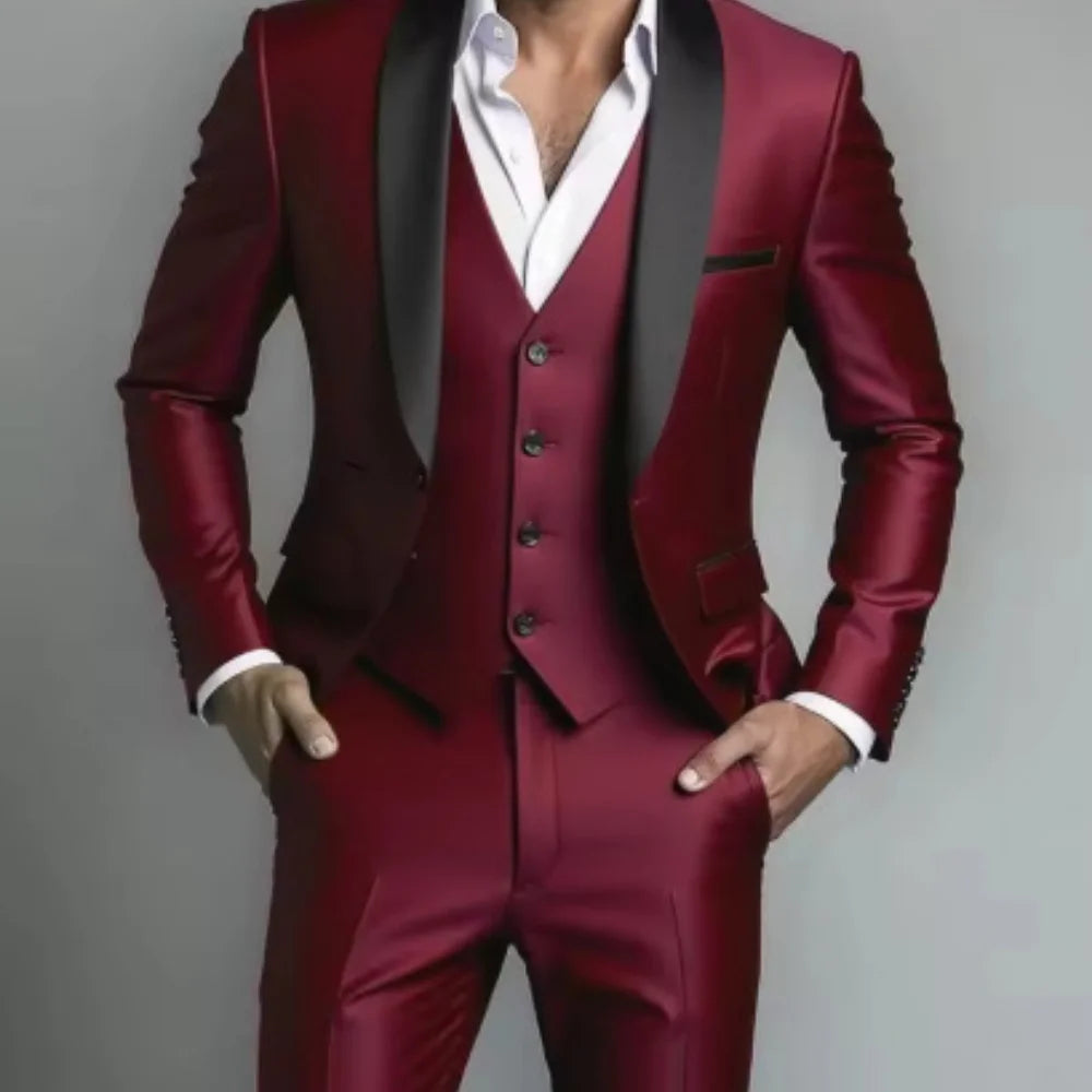 Men's Black White Slim Fit Three Piece Suit Set Large Size Autumn Wedding Party Blazer Coat Pants Vest Fashion Male Outfit