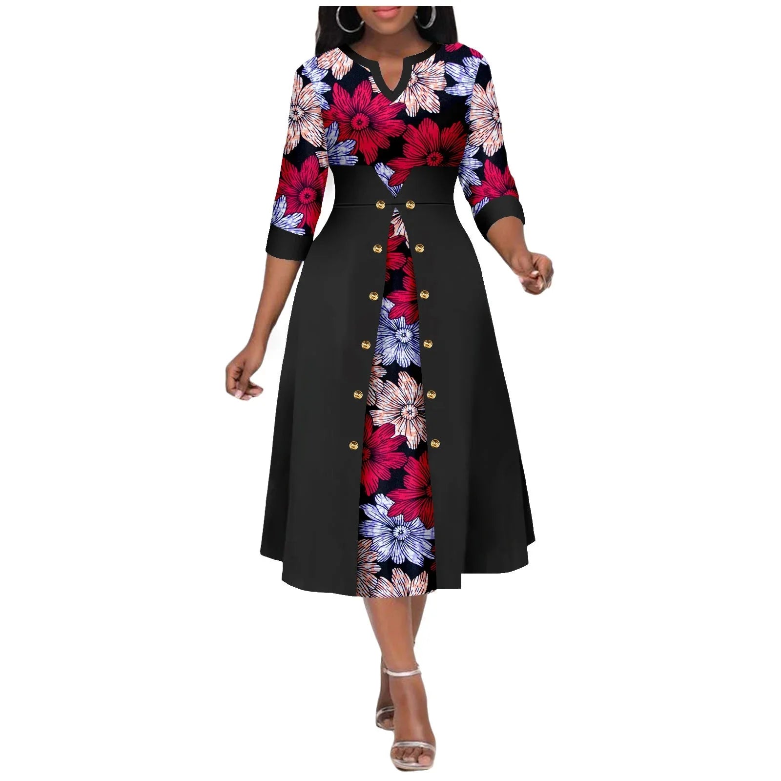 African print women's Ankara V-neck dress with cotton A-line midi skirt, featuring vibrant traditional patterns.