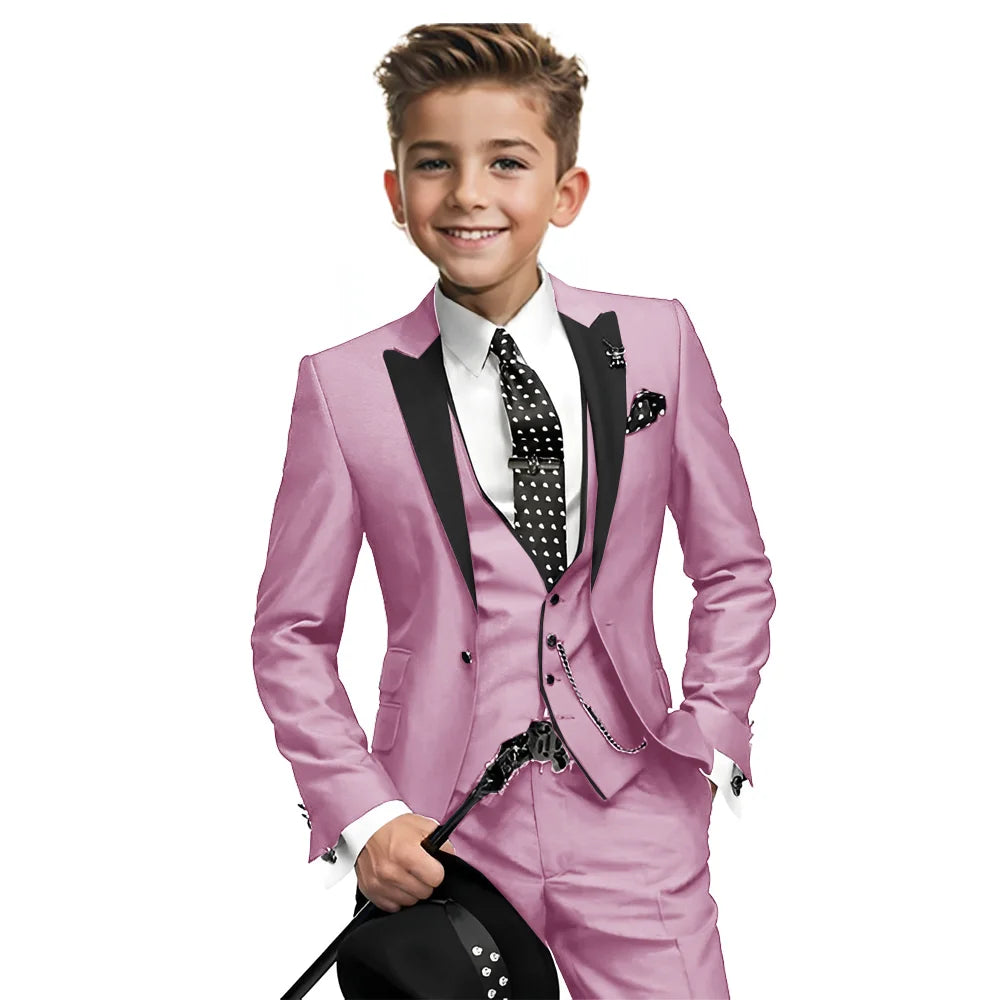 Navy blue boys tuxedo 3-piece suit with blazer, pants, and vest, suitable for formal weddings and events for ages 2-16.