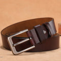 Showlu Men's genuine leather belt with high-quality pin buckle, plus size, showcasing the durable leather strap and stylish buckle detail.