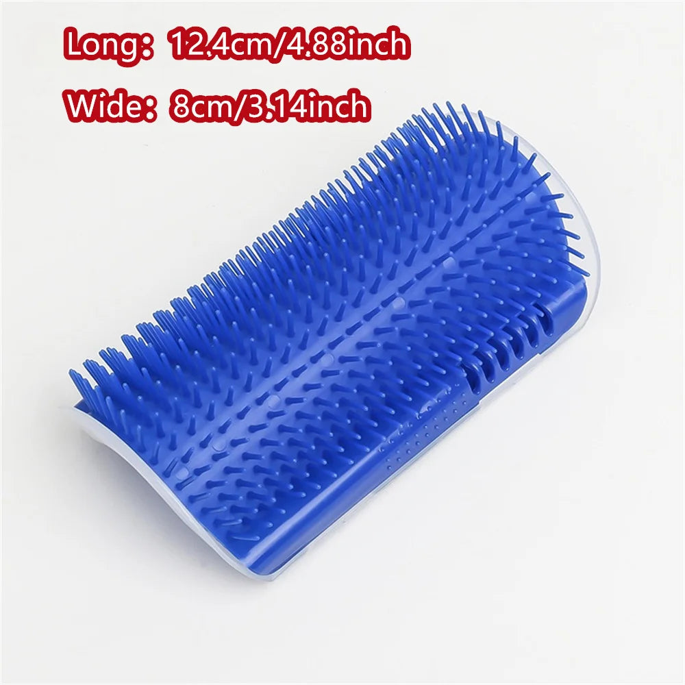 Cat self groomer with catnip and soft comb, wall-mounted corner massage brush for cats to rub face and groom naturally.