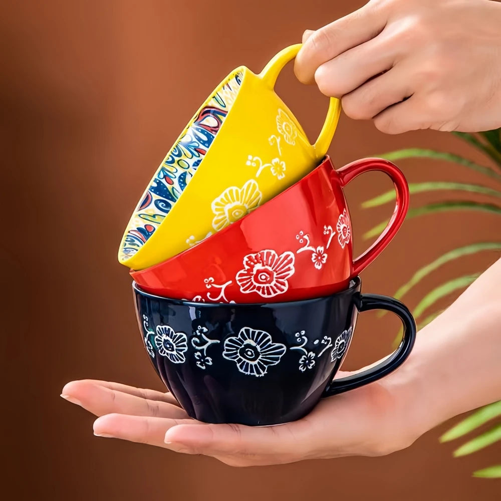 Showlu Fashion Bohemian ceramic coffee mug, 13.5 oz porcelain tea cup with colorful boho design and sturdy handle.