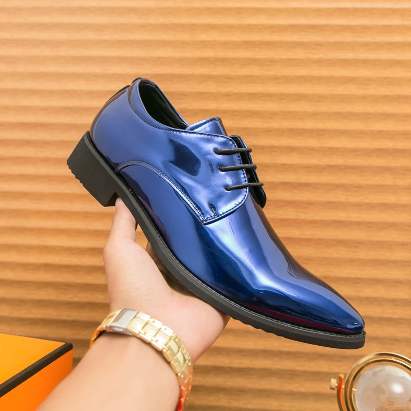 Men's black patent leather derby shoes with pointed toes, suitable for wedding and party occasions, by Showlu Fashion Store.