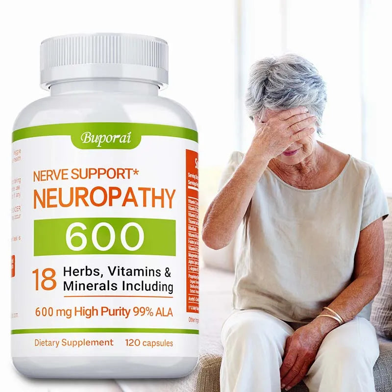 Neuropathy support supplement with 600mg antioxidants promoting nerve health, cellular energy, and anti-aging benefits.