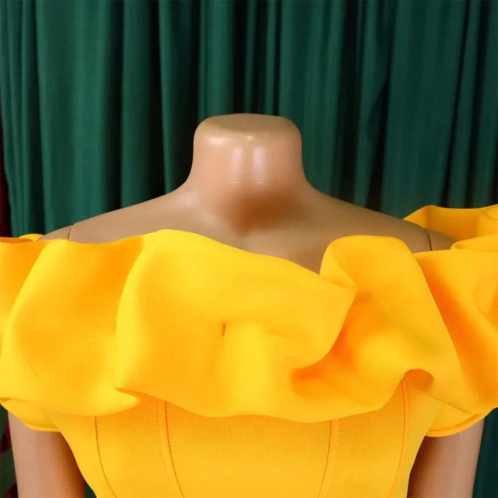 Elegant off-the-shoulder long mermaid dress for women, featuring short sleeves and floor-length design for special occasions
