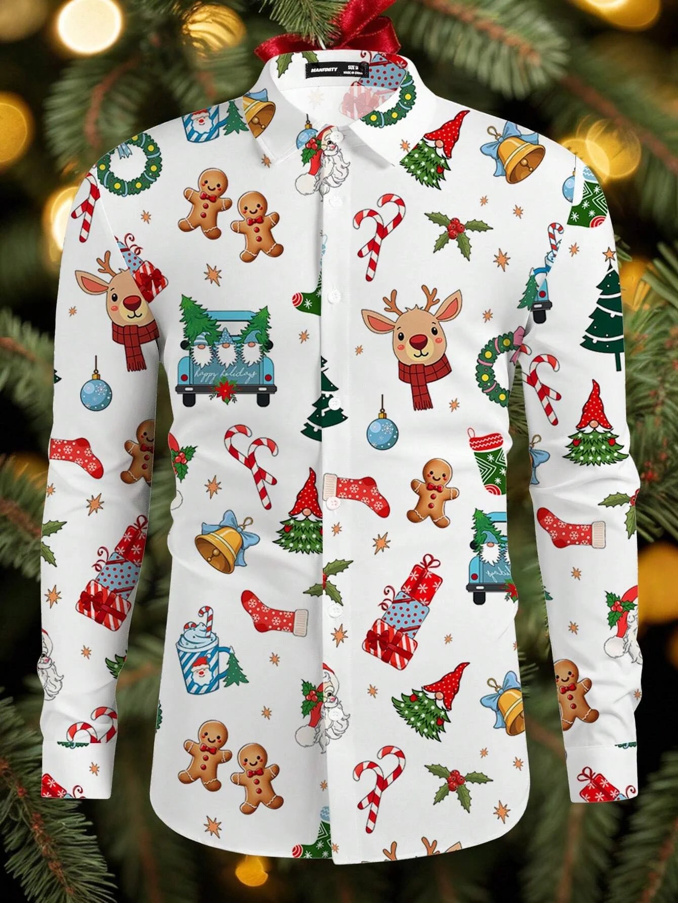 Men's Christmas festival themed 3D printed long sleeve shirt with Santa Claus and Christmas tree graphic, stylish and festive.