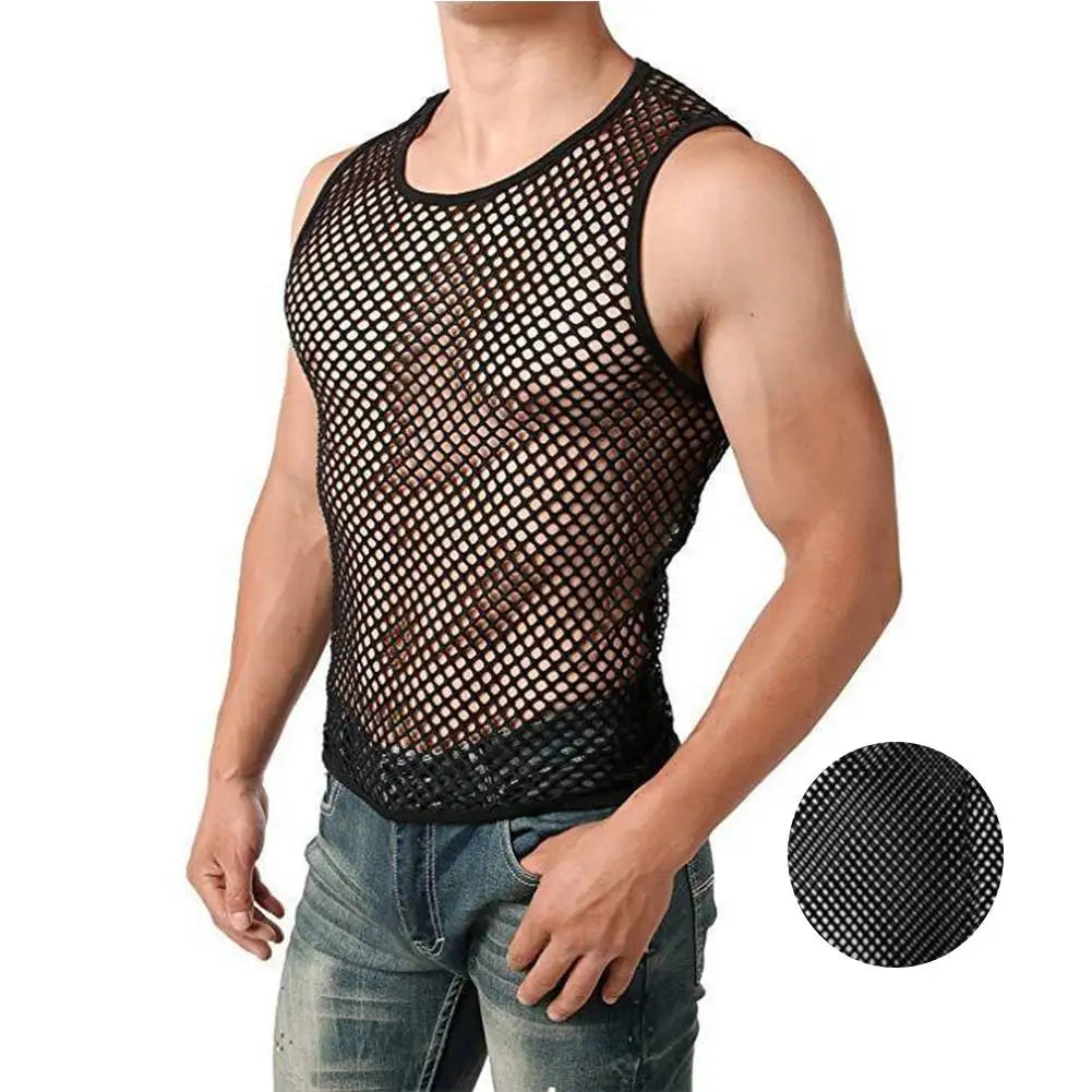 Men's transparent mesh tank top from Showlu Fashion Store, sleeveless fishnet undershirt with slim fit for night club or sport wear.