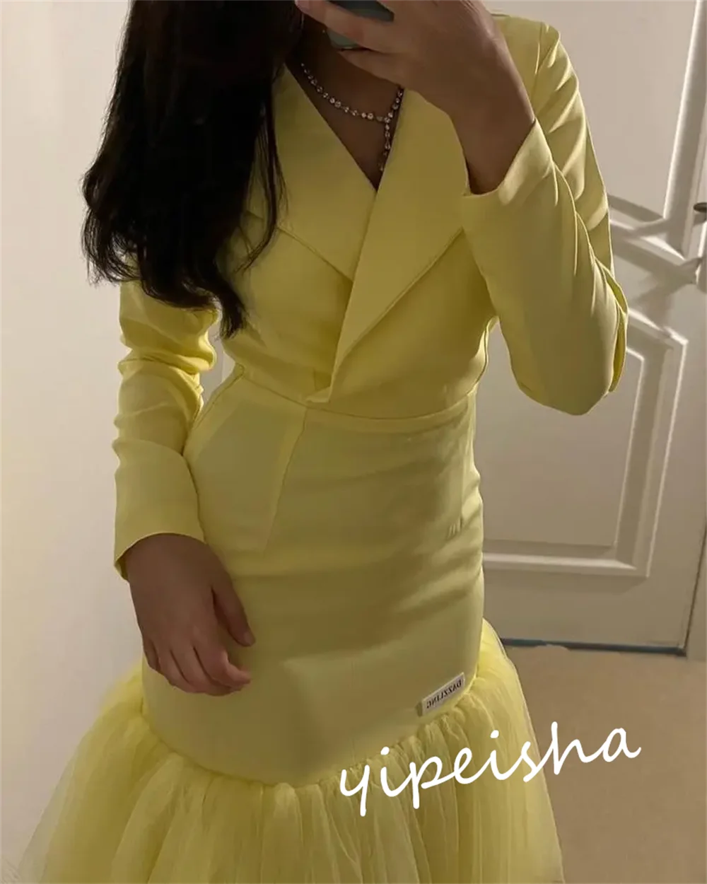 Elegant customized Jiayigong formal evening mermaid dress with V-neck, tea length, draped design, by Showlu Fashion Store.