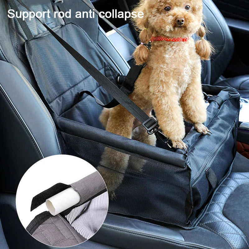 Breathable nylon dog car seat cover by Showlu Fashion, folded pet hammock with adjustable straps for car travel protection.