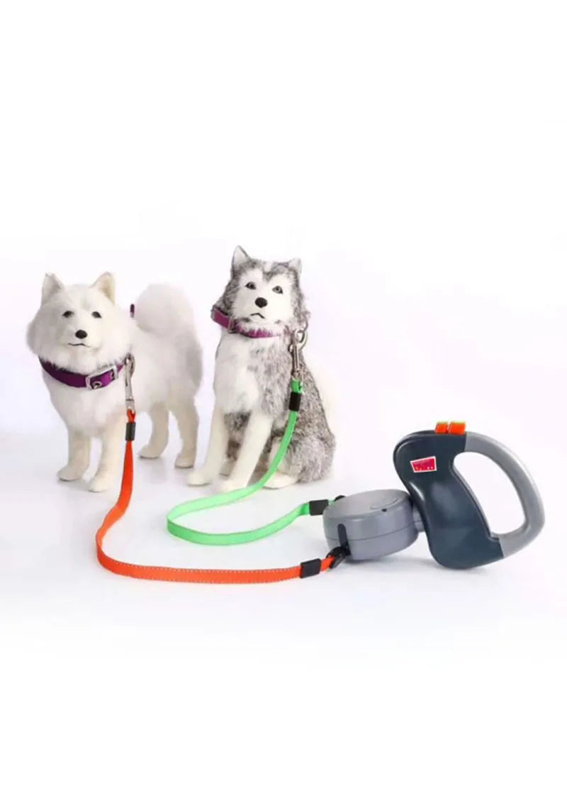 Showlu Dual Retractable Dog Leash with 360° tangle-free design and reflective handles for safe walking with pets.