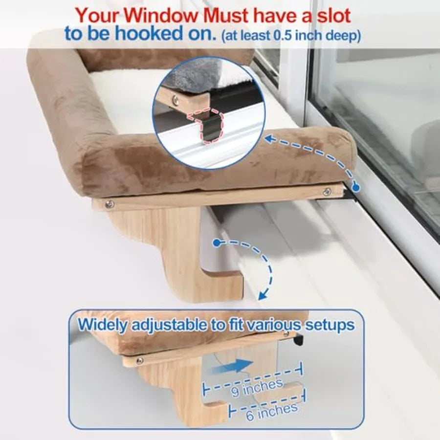 Showlu Cat Window Perch with orthopedic hardwood hammock and bolster, providing a cozy resting spot for cats near the window.