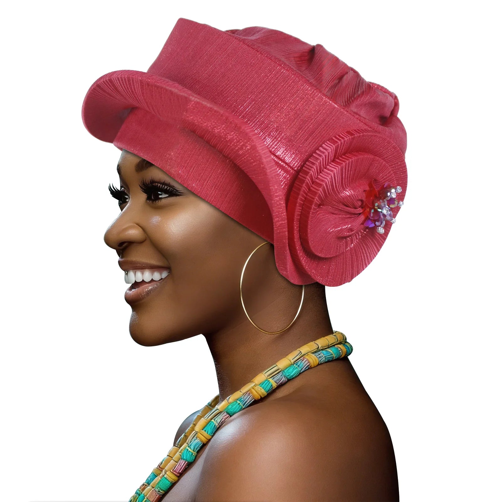 Effortless Nigerian headtie in gold for special occasions, showcased by Showlu Smart General auto gele style in vibrant fabric.