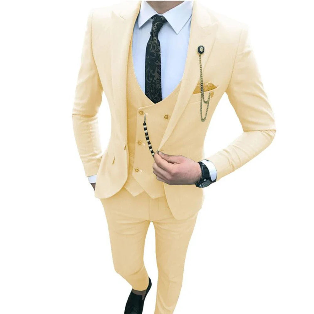 SHOWLU men's 3-piece slim fit wool suit with single-breasted tuxedo jacket, matching trousers, and vest, ideal for formal occasions