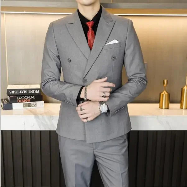 Men's slim fit double-breasted 2-piece suit by Showlu Fashion Store, tailored for business and wedding occasions.