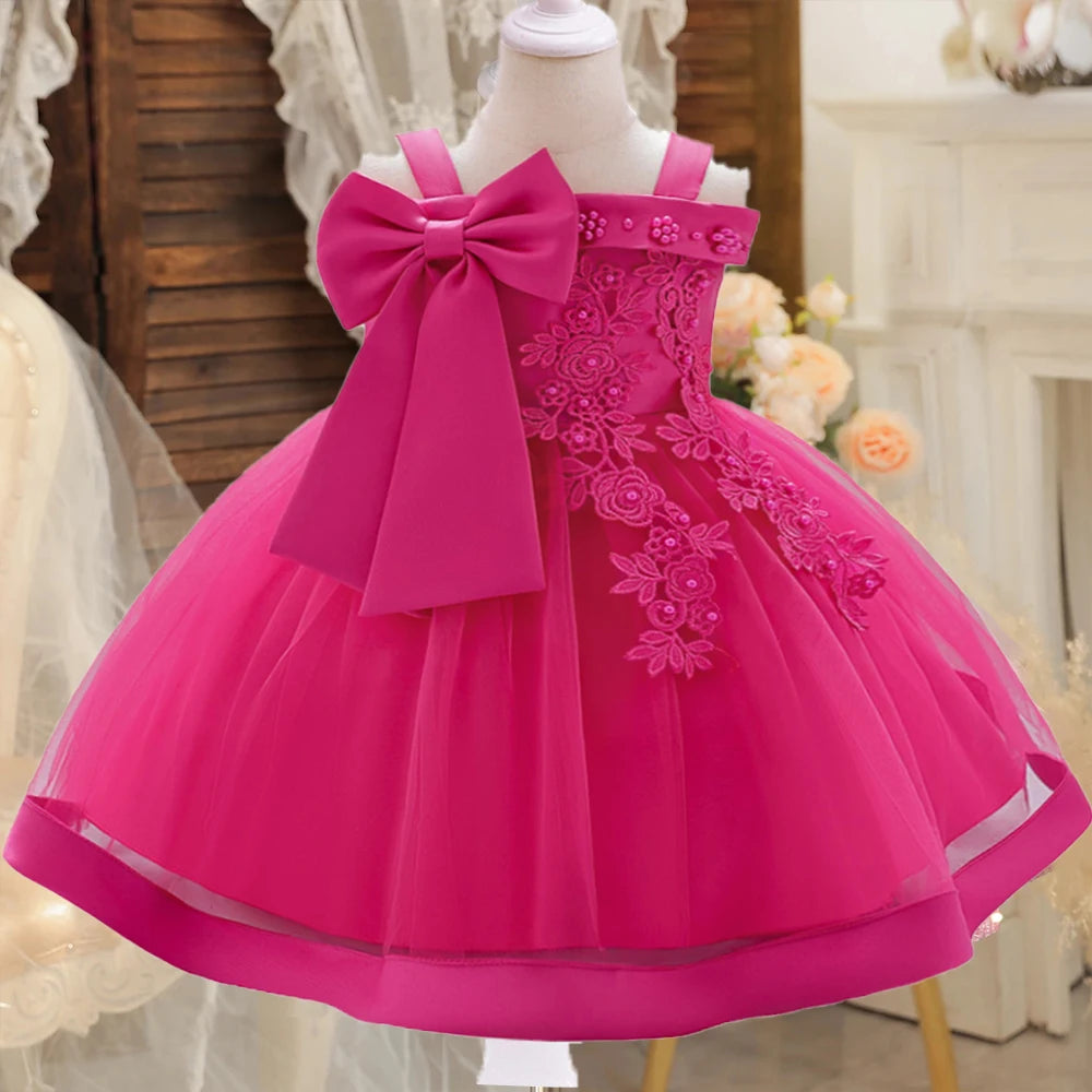 Showlu Fashion girls' elegant bow flower party dress with tulle skirt, perfect for weddings, birthdays, and special occasions.