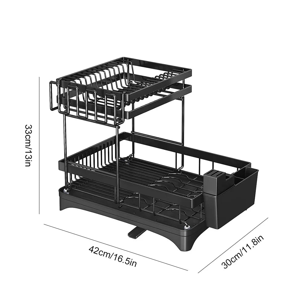 Steel over-the-sink dish drying rack with three tiers and cover organizer, designed for efficient kitchen organization.
