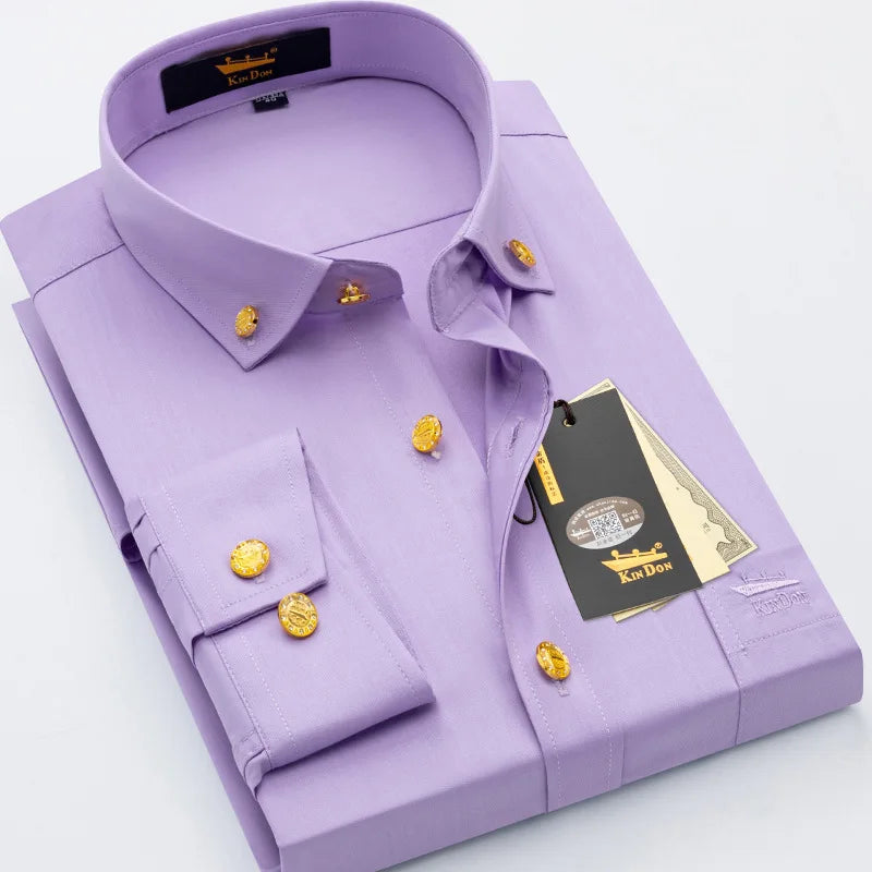 Men's luxury brass button long sleeve business casual shirt by Showlu Fashion, featuring ironing resistant fabric and classic style.