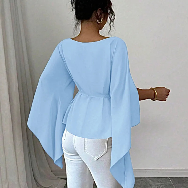 Showlu Women's autumn long sleeve shirt with slit design, slash neck, elegant waist fit, stylish and comfortable for fall wear.