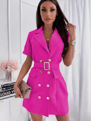 Elegant Office Lady Rose Red Mini Blazer Dress With Belt 2024 New Summer Fashion Double Breasted Short Sleeved Dress For Women SHOWLU FASHION STORE
