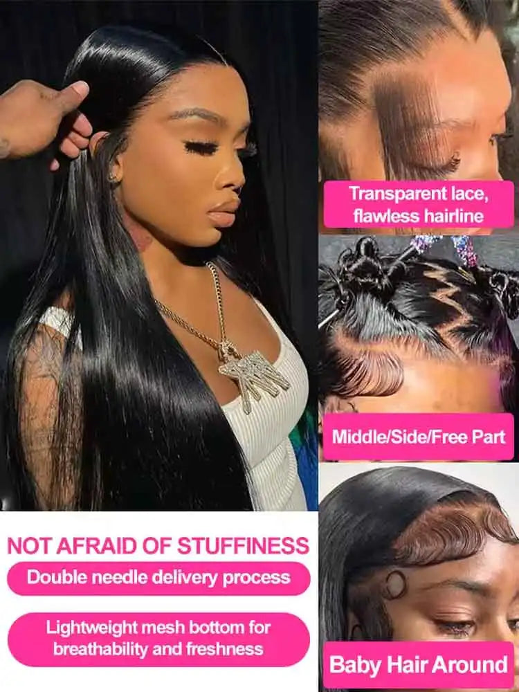 Showlu Fashion UVEOUS 40-42 inch bone straight 13x6 HD lace frontal human hair wig with natural hair density and lace closure