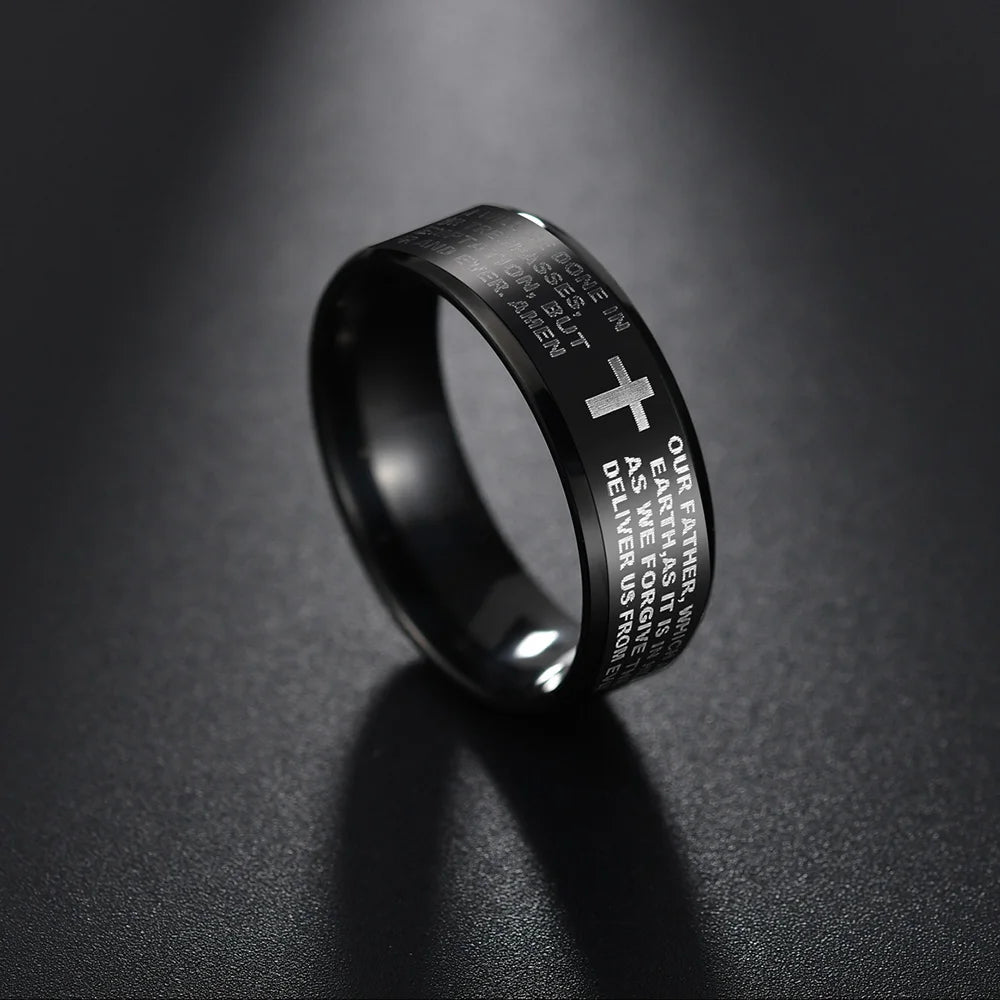 Utag Men's 8mm black stainless steel Bible prayer Jesus cross ring showing detailed religious cross design