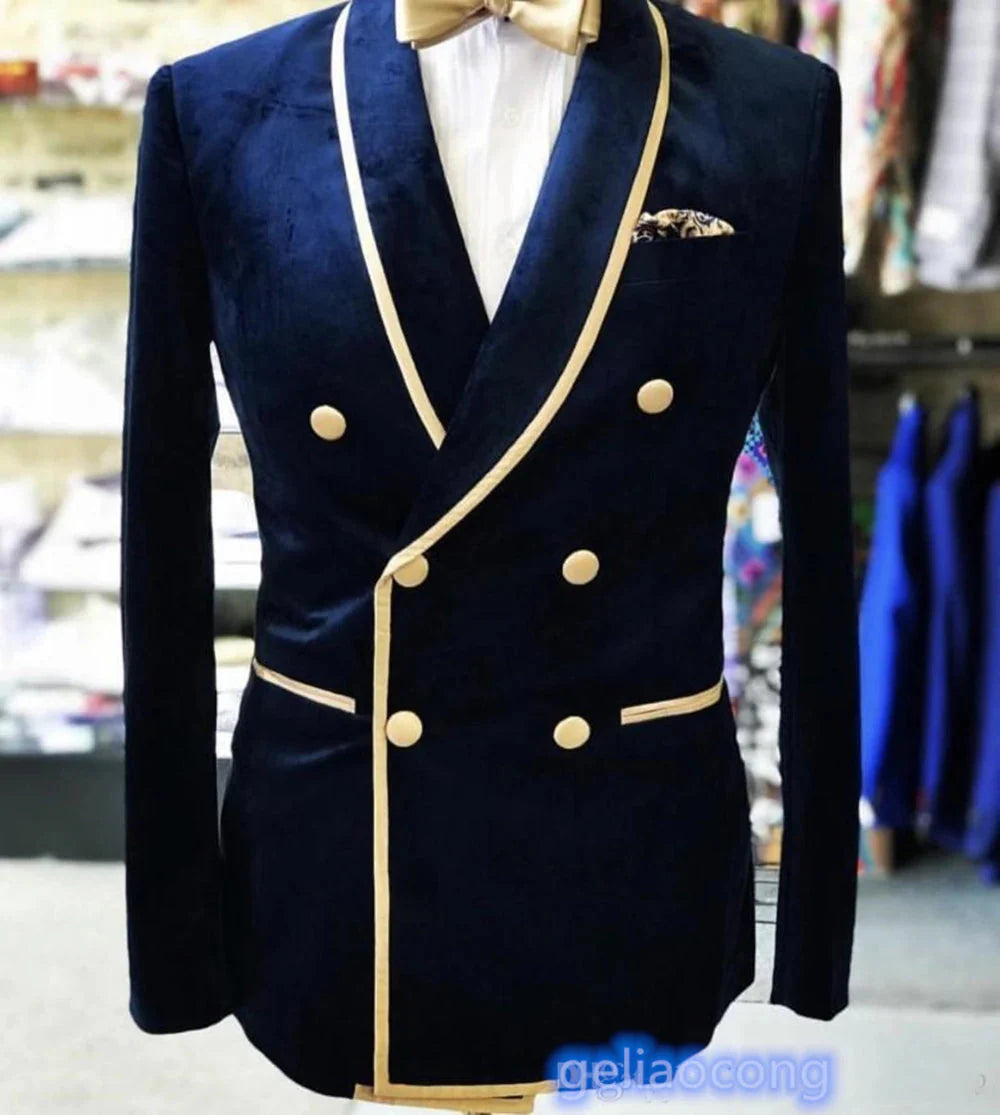 SHOWLU men's navy blue velvet suit jacket, slim fit double-breasted blazer with notch lapels and stylish tailoring.