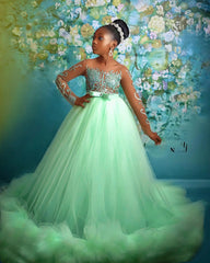 Elegant Green Pageant Dresses Customized Bead Long Sleeves Children Birthday Gowns Puffy Tiered Ruffles Girls Photoshoot Dresses