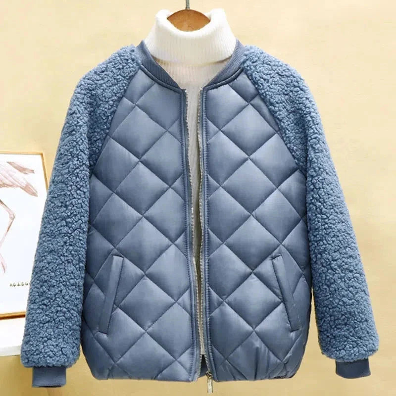 Women's hooded light down cotton jacket with short patchwork design, stylish and warm, from SHOWLU FASHION STORE.