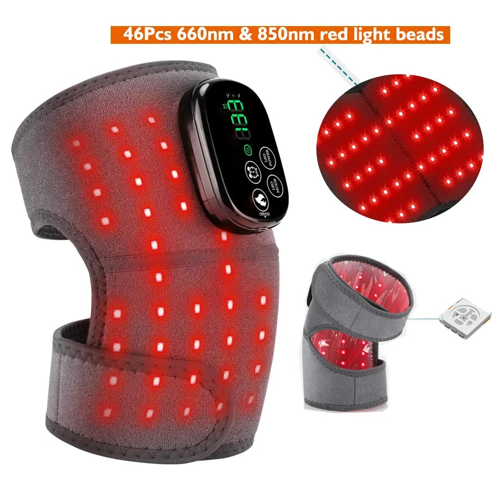 Red light knee and shoulder massager with heating support brace, rechargeable pad, 44pcs LEDs for muscle relaxation and pain relief.