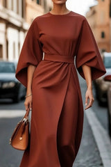 Women's Fashion Elegant Solid Color Tight Waist Bat Sleeve Dress