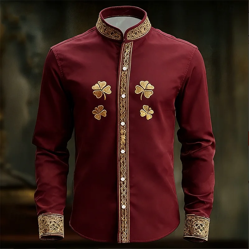 Men's floral long-sleeved shirt with gold 3D clover print, stylish and luxurious shirt by Showlu Fashion Store.