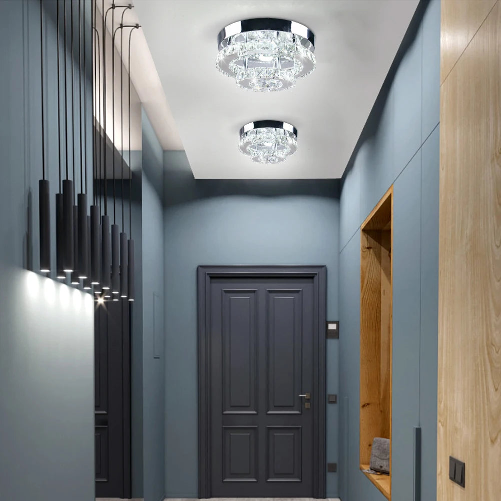 Mini LED crystal chandelier by QihangLighting, 2-layer flush mount light with sparkling crystal accents and modern design.