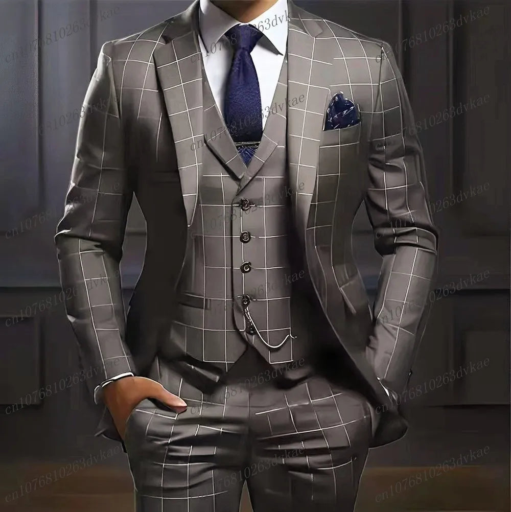 Navy blue men's plaid suit by Showlu Fashion, includes blazer, vest, and pants, perfect for wedding or formal events.