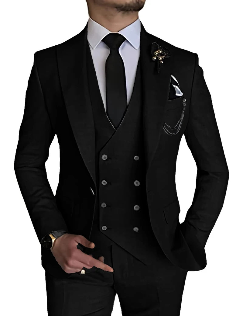 Beige men's formal suit with peak lapel blazer, double-breasted vest, and matching pants, ideal for weddings and elegant events.