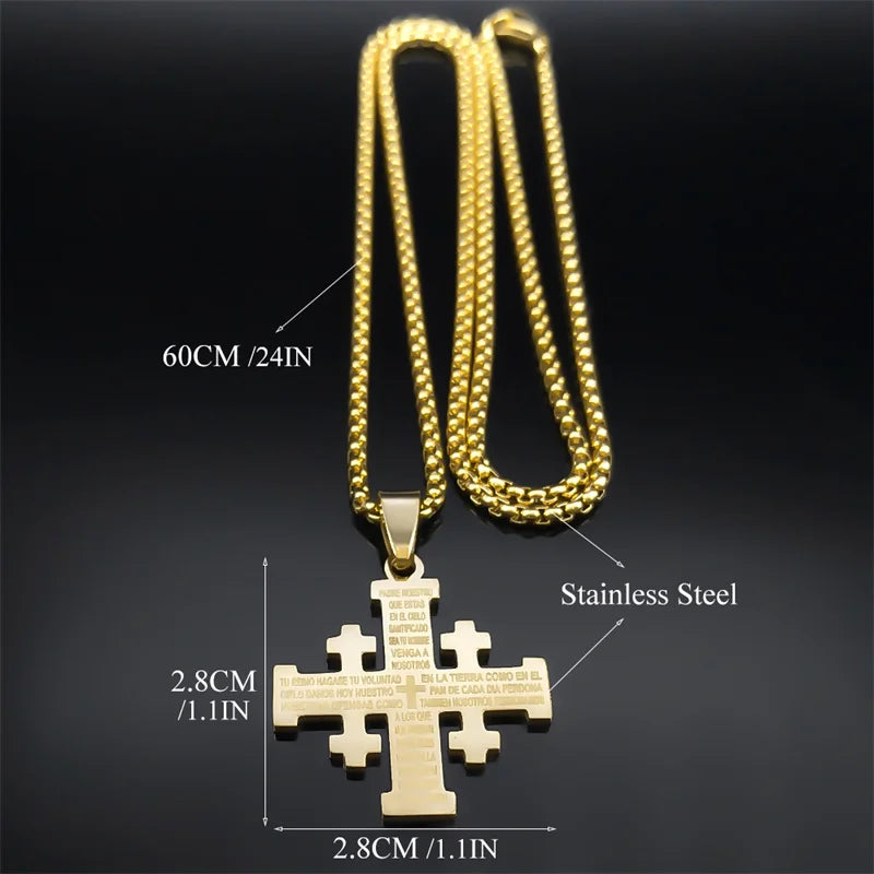 Stainless steel Jerusalem Cross necklace with Bible verse pendant, showcasing intricate religious design and craftsmanship.