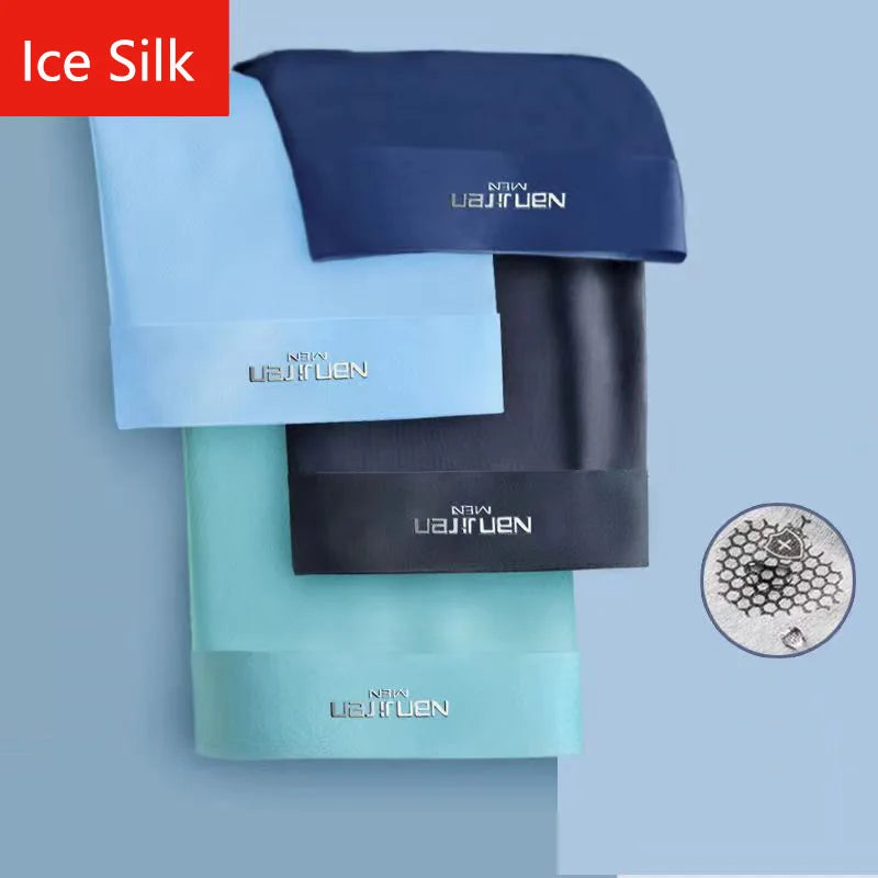 Four pairs of Showlu Fashion men's ice silk boxer shorts, breathable and slim-fit U convex design in various sizes, wholesale lot.