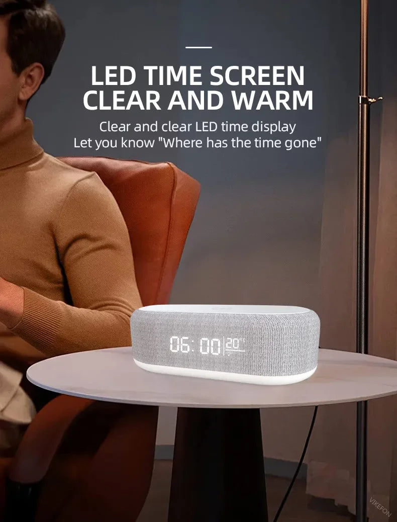 Showlu Smart General 15W wireless charging alarm clock with LED night light, digital display, and sleek modern design.