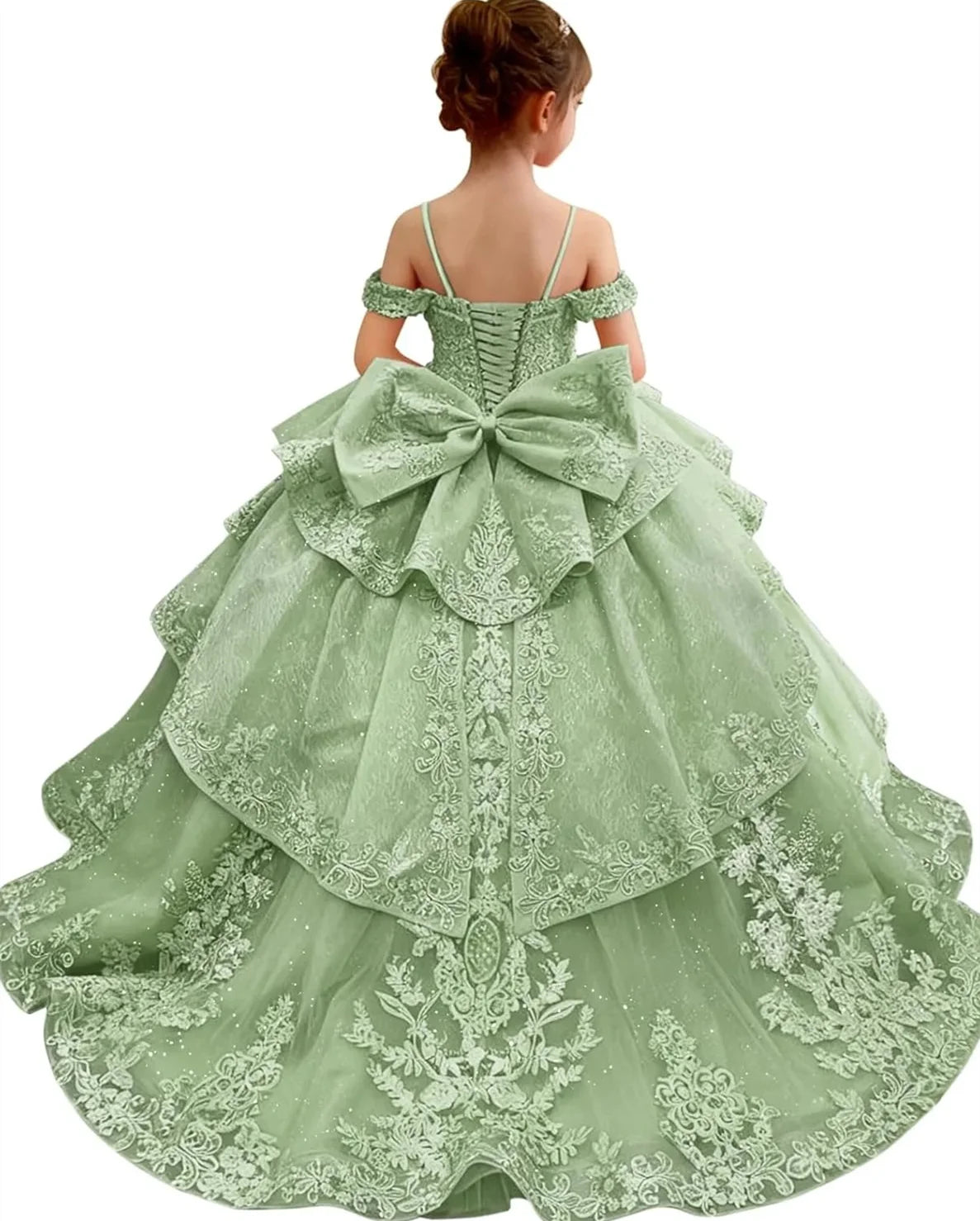Pink flower girl dress by Showlu Fashion Store with bowknot, appliques, short sleeves, and floor-length design for weddings and birthdays.