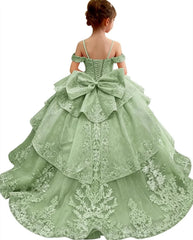 Customized Pink Flower Girl Dress For Wedding Bowknot Appliques Short  Sleeve Floor Length Kids Birthday First Communion Gown