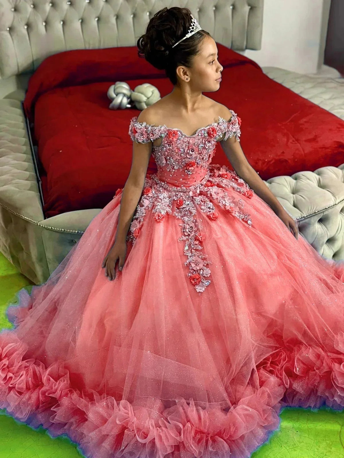 Customized Off Shoulder Flower Girl Dress for Wedding with Bow Appliqué Tulle Long Kids Birthday Party First Communion Gown