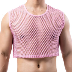Mens Transparent Fishnet Crop Top Sexy Mesh Hollow Out Tank Tops Gym Fitness Sleeveless Undershirts T-shirts Nightclub Mini Vest