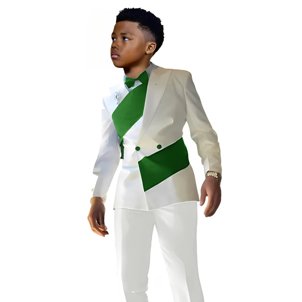 White satin boys' suit with blazer and pants, tailored 2-piece tuxedo for kids aged 2-16, slim fit, perfect for weddings.