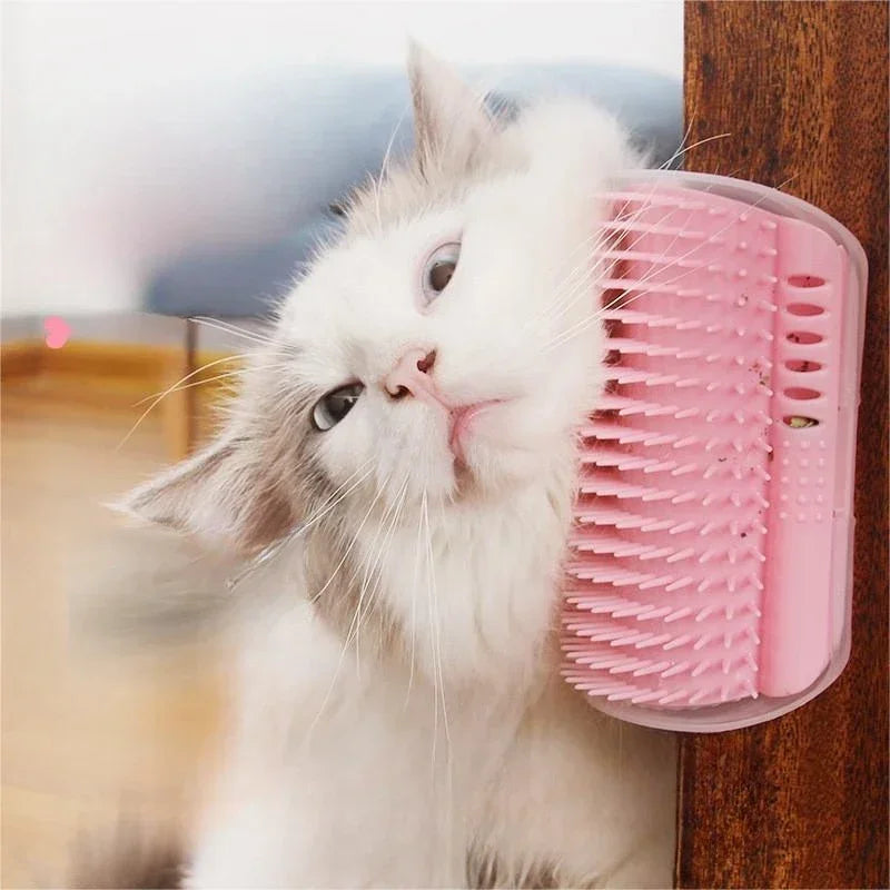 Cat self-groomer with soft comb and catnip, wall-mounted corner massage brush for pet grooming and face rubbing.