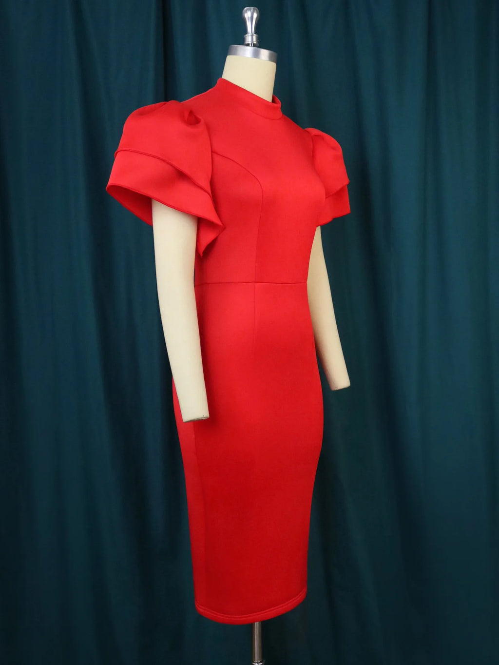 Designer Small Stand-up Collar Flared Sleeve Dress Waist Closed Cocktail Party Dress
