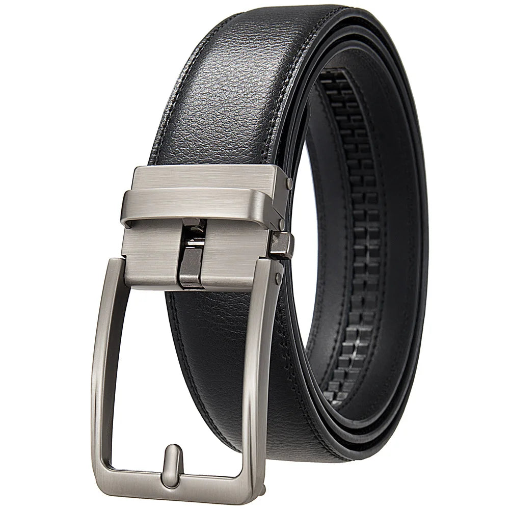 Men's leather belt with automatic buckle, cowskin material, black or brown, 3.5cm wide, luxury designer style