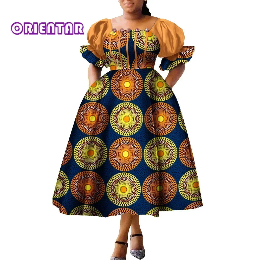 African print puff sleeve high waist Ankara cotton gown by SHOWLU FASHION STORE with vibrant traditional patterns and elegant design.