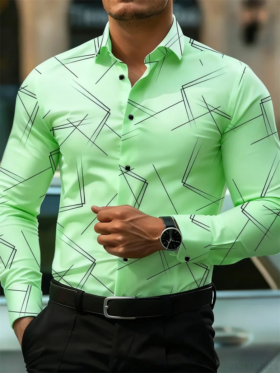 Men's slim fit long-sleeved shirt with geometric line print, casual business style, non-iron fabric from Showlu Fashion Store